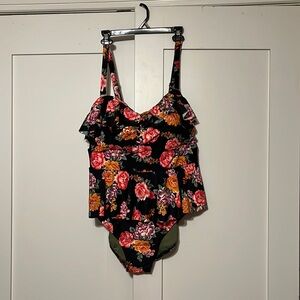 NWT - One Piece Bathing Suit. Black background with multi colored floral design
